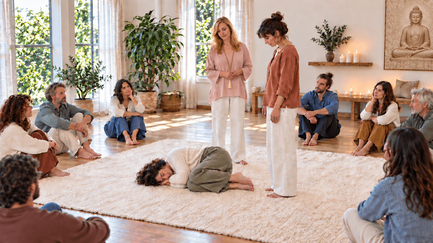 Campo di meditazione e costellazioni con donne e candele