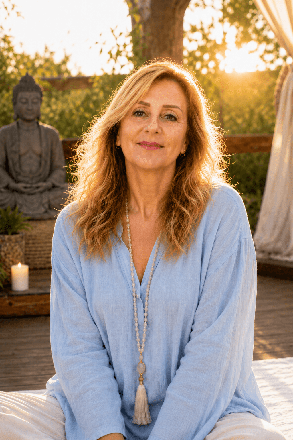 Paola Cavalli in un ritratto raccolto accanto a una statua di Buddha
