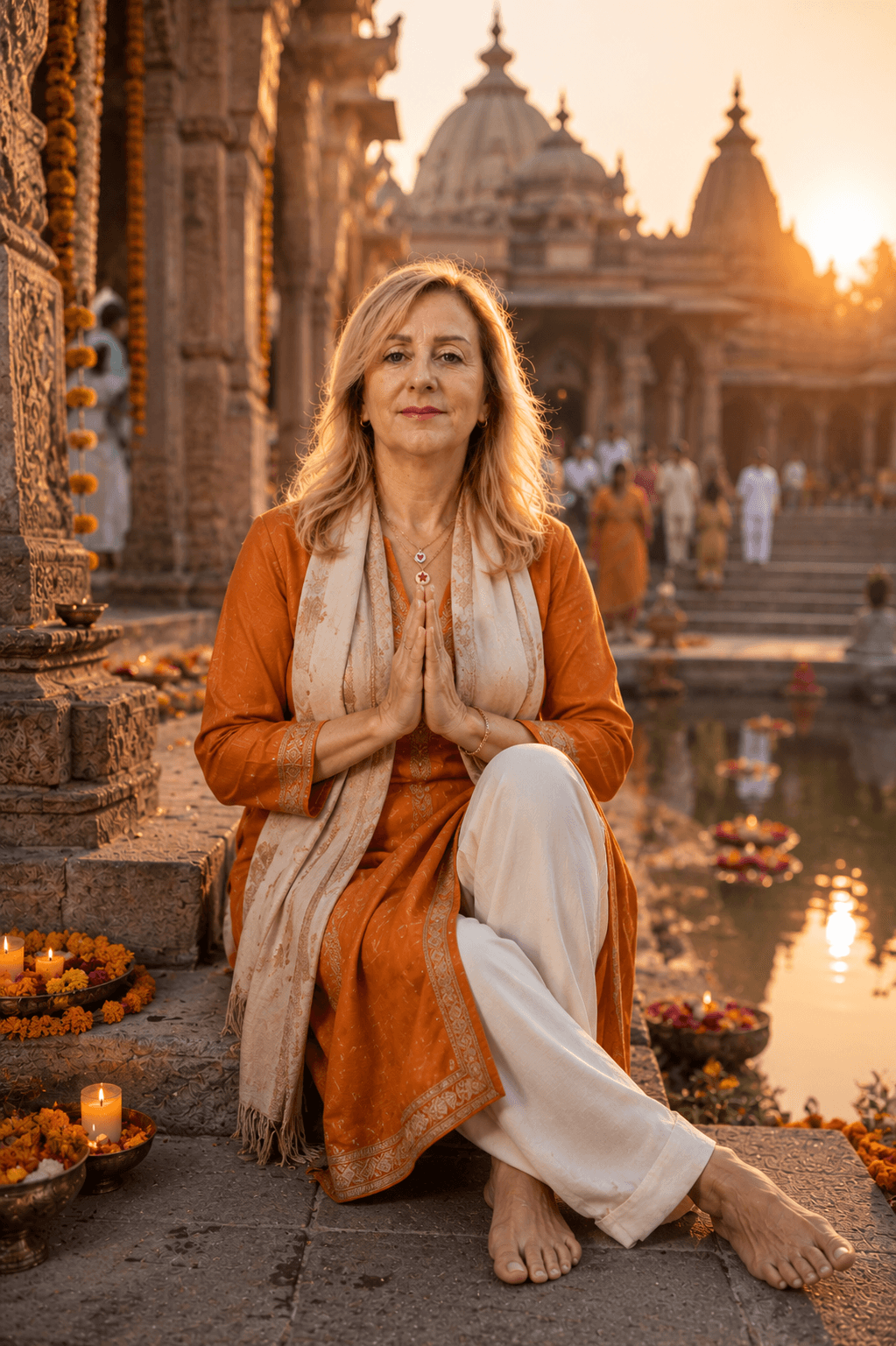 Paola Cavalli seduta presso un tempio in India