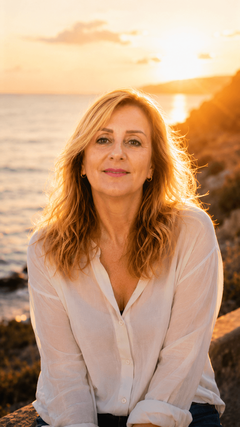 Paola Cavalli in meditazione al tramonto